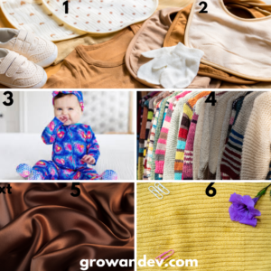 Images of 1.Organic Cotton 2. Bamboo Fabric 3.Modal 4.Merino Wool. 5.Silk 6.Tencel 