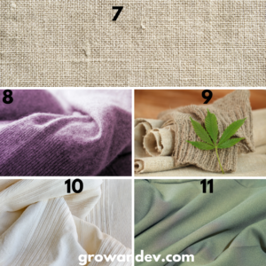 Images: 7.Linen 8. Cashmere. 9. Hemp 10. Pima Cotton. 11. Seacell 