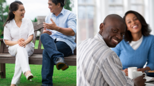 Curiosity and excitement of couples communicating cheerfully