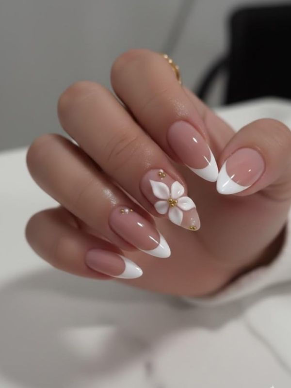 Nude-Almond-Nail-designs -With-White-Floral-Art-